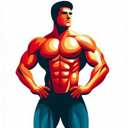 Muscular man bodybuilder posing with hands on hips. Vector illustrationのイラスト素材