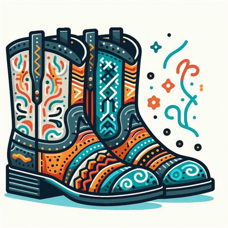 Vector illustration of a cowboy boot with ethnic ornaments. Hand drawn style.のイラスト素材
