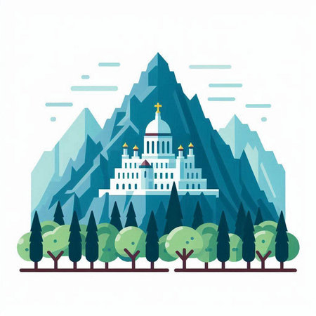 Landscape of the mountains and the temple. Vector illustration in flat styleのイラスト素材