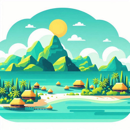 Tropical island with palm trees and bungalows, vector illustrationのイラスト素材