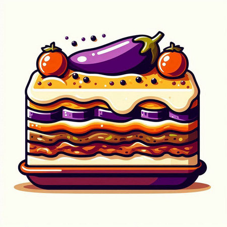 Illustration of a cake with eggplant, tomato and cheese.のイラスト素材