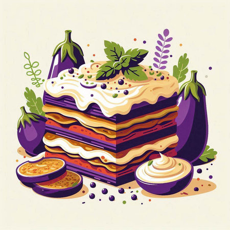 Vector illustration of a delicious layered eggplant cake with cream and herbsのイラスト素材