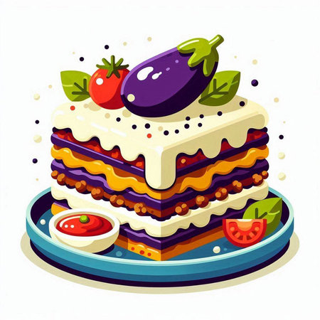 Vegetarian cake with eggplant and tomato sauce. Vector illustration.のイラスト素材
