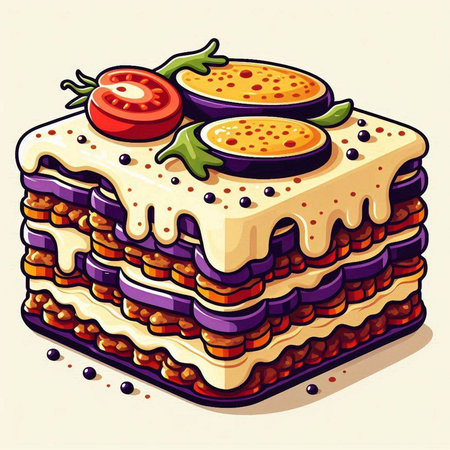 Illustration of a layered lasagna with tomato and eggplant.のイラスト素材