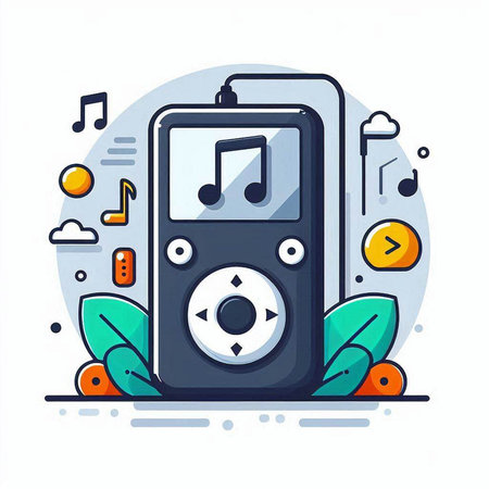 Music player with headphones and notes. Vector illustration in flat style.のイラスト素材