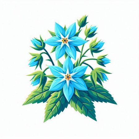 Illustration of a blue flower with green leaves on a white backgroundのイラスト素材