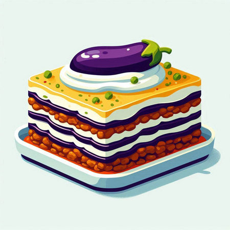 Illustration of a layered carrot cake with eggplant on a plateのイラスト素材