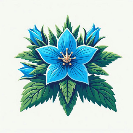 Illustration of blue flower with green leaves on a white background.のイラスト素材