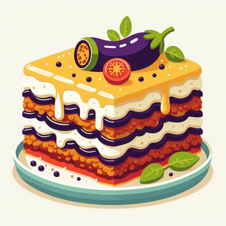 Illustration of a slice of lasagna with eggplant and tomatoのイラスト素材
