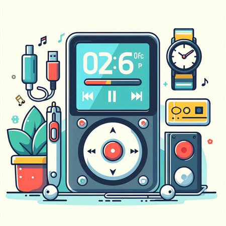 Vector illustration of music player in flat line style. Audio equipment for home and office.のイラスト素材