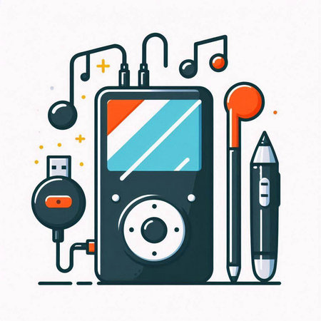 Vector illustration of music player with headphones, pen, flash drive and headphones.のイラスト素材