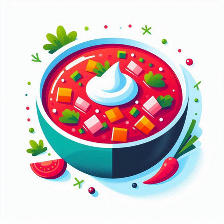 Vector illustration of a bowl of soup with sour cream and vegetables.のイラスト素材