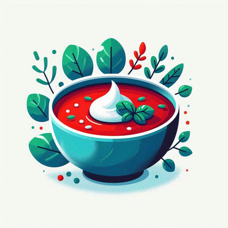 Tomato soup in a bowl with green leaves. Vector illustration.のイラスト素材