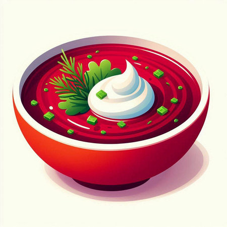 Vector illustration of a bowl of red borscht with sour cream and dillのイラスト素材