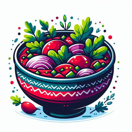 Vector illustration of bowl of vegetable salad with tomato, onion and parsleyのイラスト素材