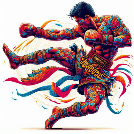 Muay thai fighter with a lot of colorful elements. Vector illustration.のイラスト素材