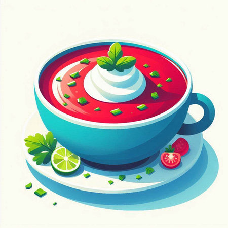 Bowl of tomato soup with cream and parsley. Vector illustration.のイラスト素材