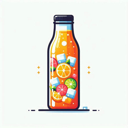 Bottle of fruit juice with ice cubes. Vector flat illustration.のイラスト素材
