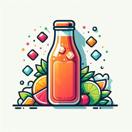 Vector illustration of a bottle of orange juice with ice cubes and fruits.のイラスト素材