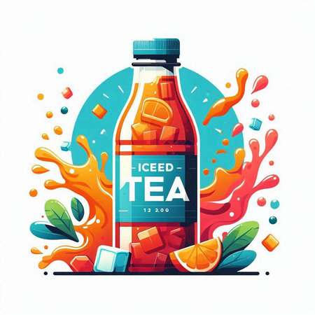 Vector illustration of a bottle of lemonade with ice cubes and splashes of orange juice.のイラスト素材