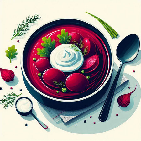 Vector illustration of a bowl of borscht with sour cream and vegetablesのイラスト素材
