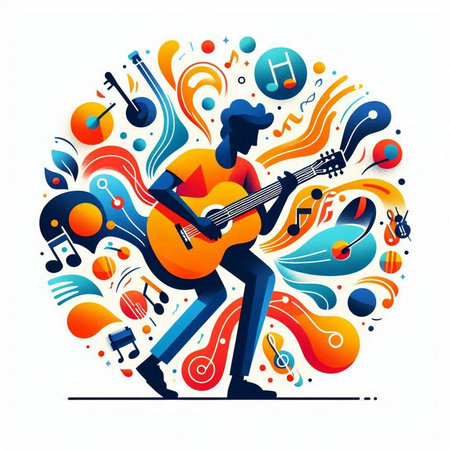 Musician playing guitar. Colorful music background. Vector illustration.のイラスト素材
