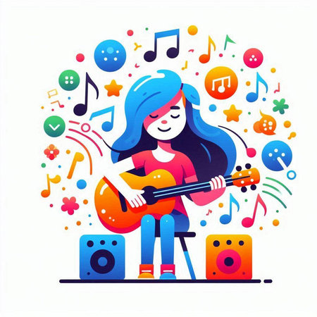 Girl playing guitar. Vector illustration in flat cartoon style. Music concept.のイラスト素材