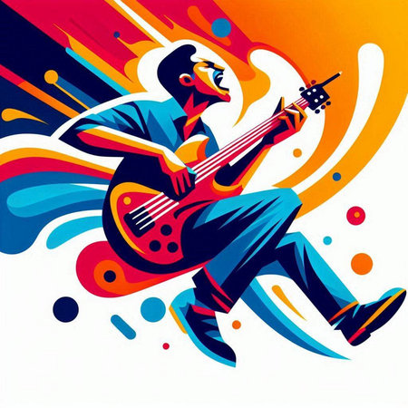 Guitar player with a guitar on colorful background. Vector illustration.のイラスト素材