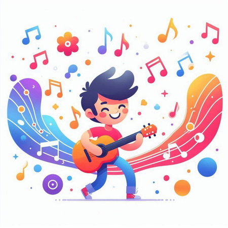 Vector cartoon illustration of a boy playing the guitar on a colorful background.のイラスト素材