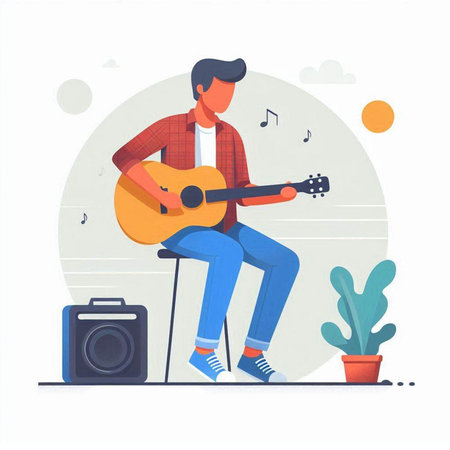 Man playing guitar on the street. Vector illustration in flat style.のイラスト素材