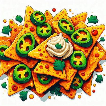 Illustration of traditional mexican nachos with cheese, paprika and parsleyのイラスト素材