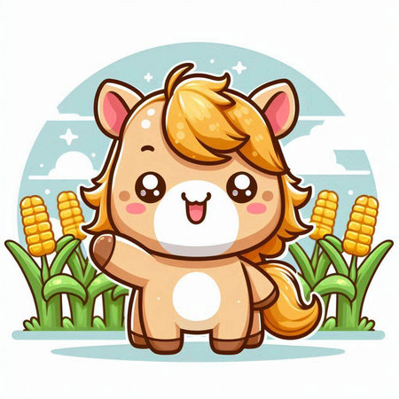 Vector illustration of Cute cartoon horse in corn field on white backgroundのイラスト素材