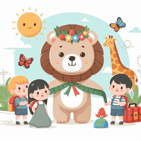 Cute cartoon children and animals vector illustration. Cute little kids with bear, backpack and butterfly.のイラスト素材