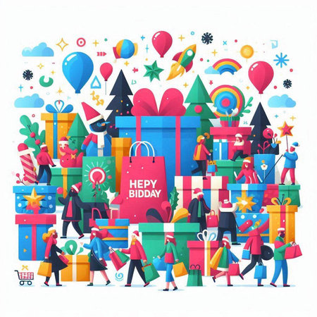Christmas and New Year celebration concept. People with presents. Vector illustrationのイラスト素材