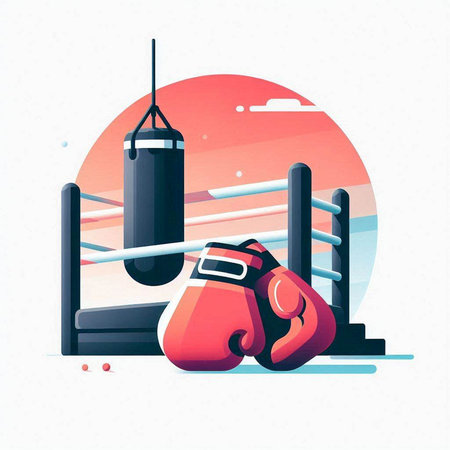 Boxing gloves and punching bag on boxing ring. Vector illustration.のイラスト素材