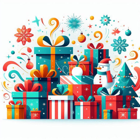 Christmas gift boxes with snowman and snowflakes. Vector illustration.のイラスト素材