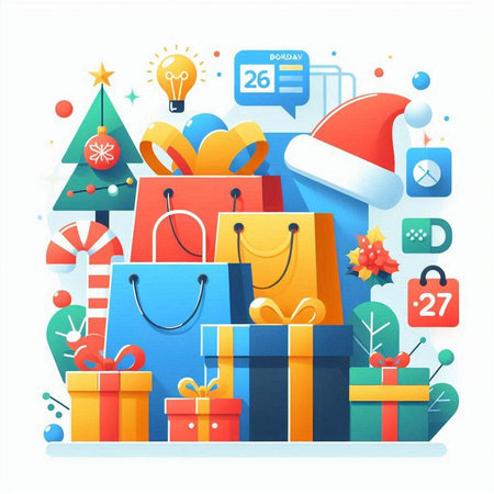 Merry Christmas and Happy New Year background with shopping bags and gift boxes. Vector illustration.のイラスト素材