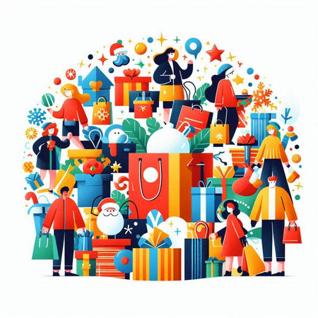 Christmas and New Year concept. Group of people with presents. Vector illustrationのイラスト素材