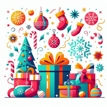 Christmas and New Year background with gift boxes, christmas tree, snowflakes, candy cane, sock and Christmas tree. Vector illustration.のイラスト素材
