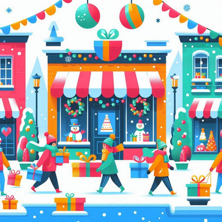 Winter city street scene with people walking and buying gifts. Vector illustrationのイラスト素材