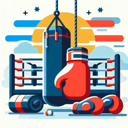 Boxing equipment. Boxer, punching bag, boxing gloves. Vector illustrationのイラスト素材