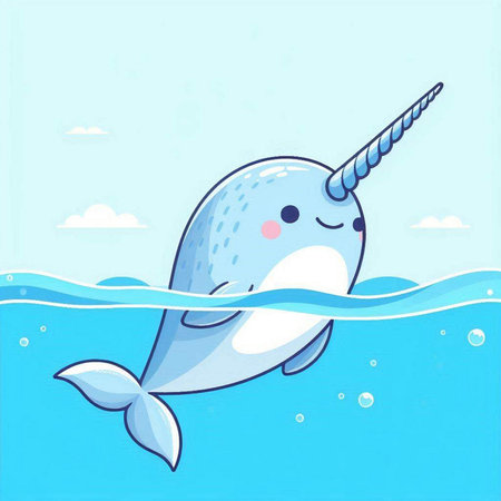 Cute cartoon narwhal swimming in the sea. Vector illustrationのイラスト素材