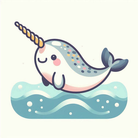 Cute narwhal on a rope in the sea. Vector illustration.のイラスト素材