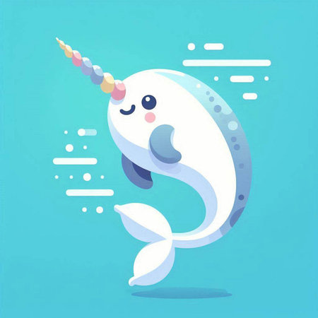 Cute cartoon narwhal. Vector illustration in flat style.のイラスト素材