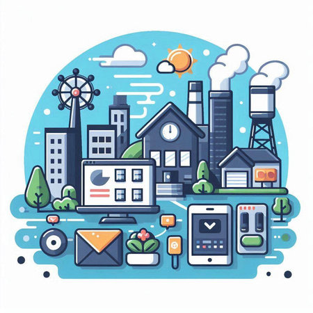 Smart city concept. Vector illustration in flat design style. Cityscape with buildings and icons.のイラスト素材