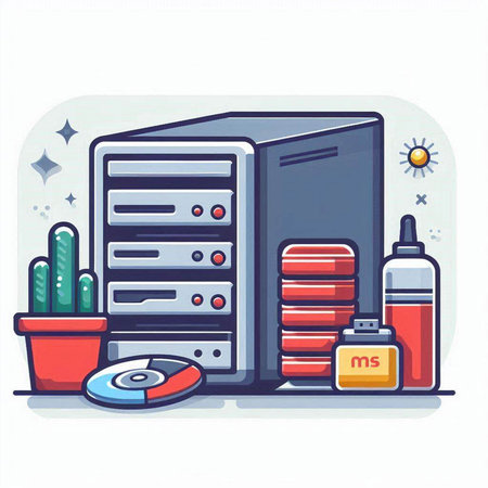 Vector illustration of a computer server in a flat style on white background.のイラスト素材