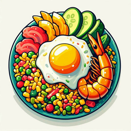 Fried eggs with shrimp and vegetables on plate. Vector illustration.のイラスト素材