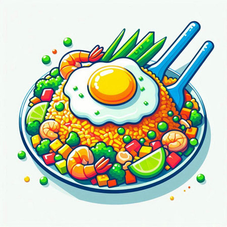 Illustration of a plate of rice with fried egg and vegetables.のイラスト素材
