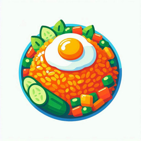 Illustration of fried egg with vegetables on plate. Healthy food.のイラスト素材