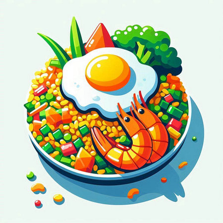 Fried egg with shrimps and vegetables. Vector illustration.のイラスト素材